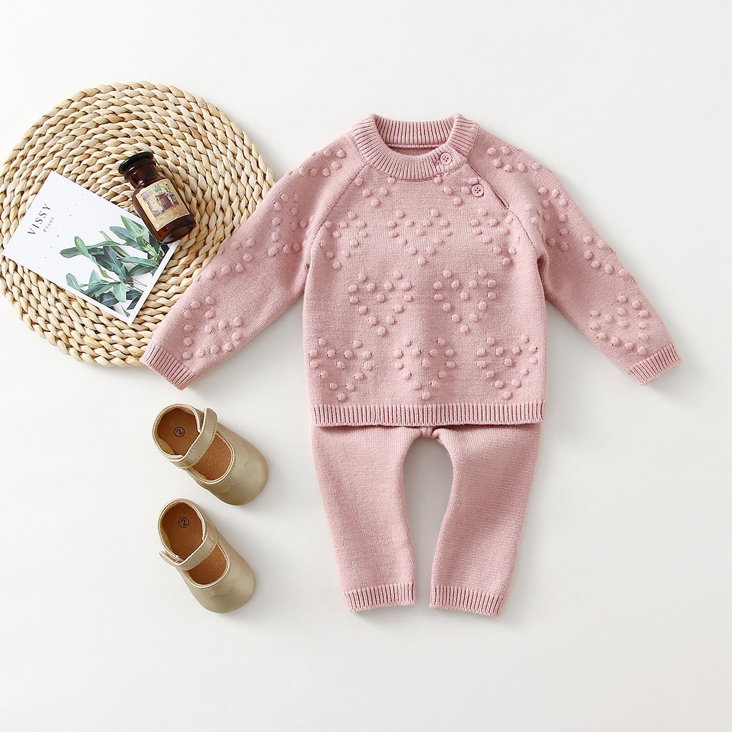 Children's Knitted Love Solid Colour Sweater And Pants Set