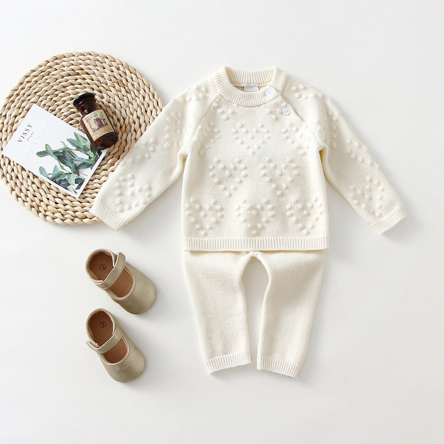 Children's Knitted Love Solid Colour Sweater And Pants Set