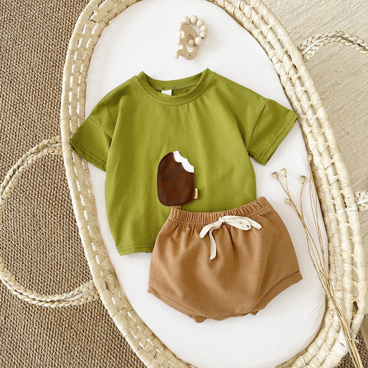 Girls' Casual Round Neck Cotton Ice Cream Outfit